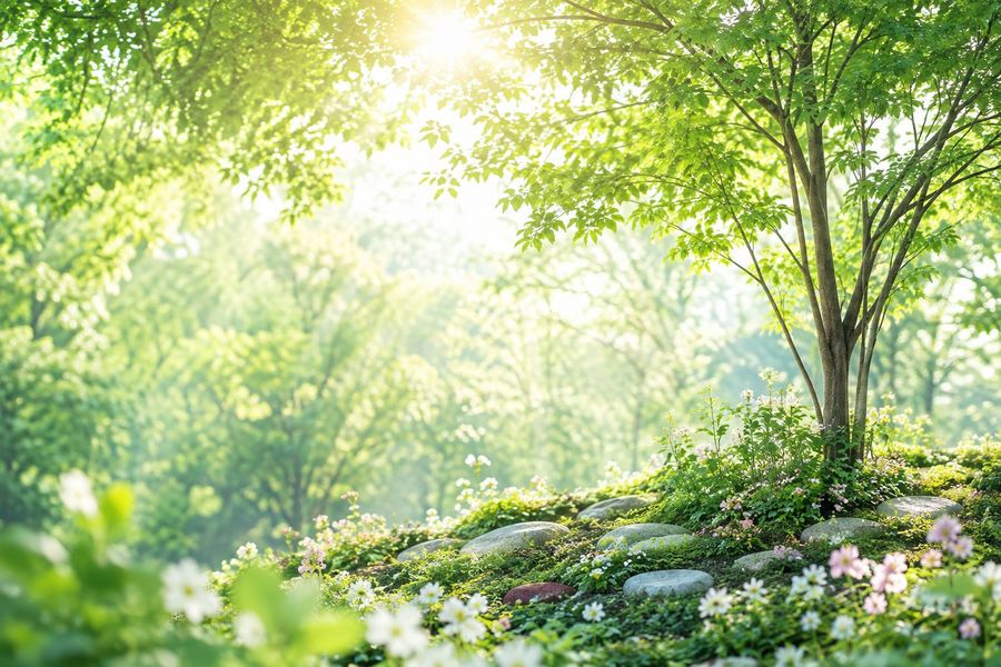 木漏れ日が差す林と、足元に咲く草花
